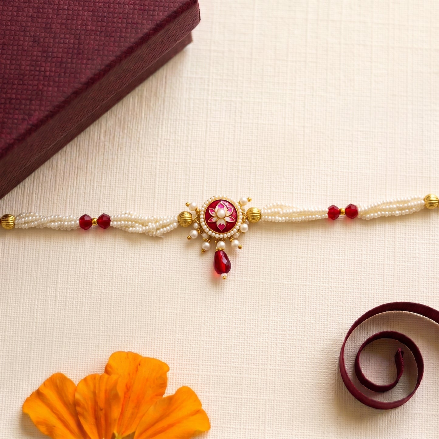 Pink Floral Pearl Bhabhi Bracelet with Ruby Drop
