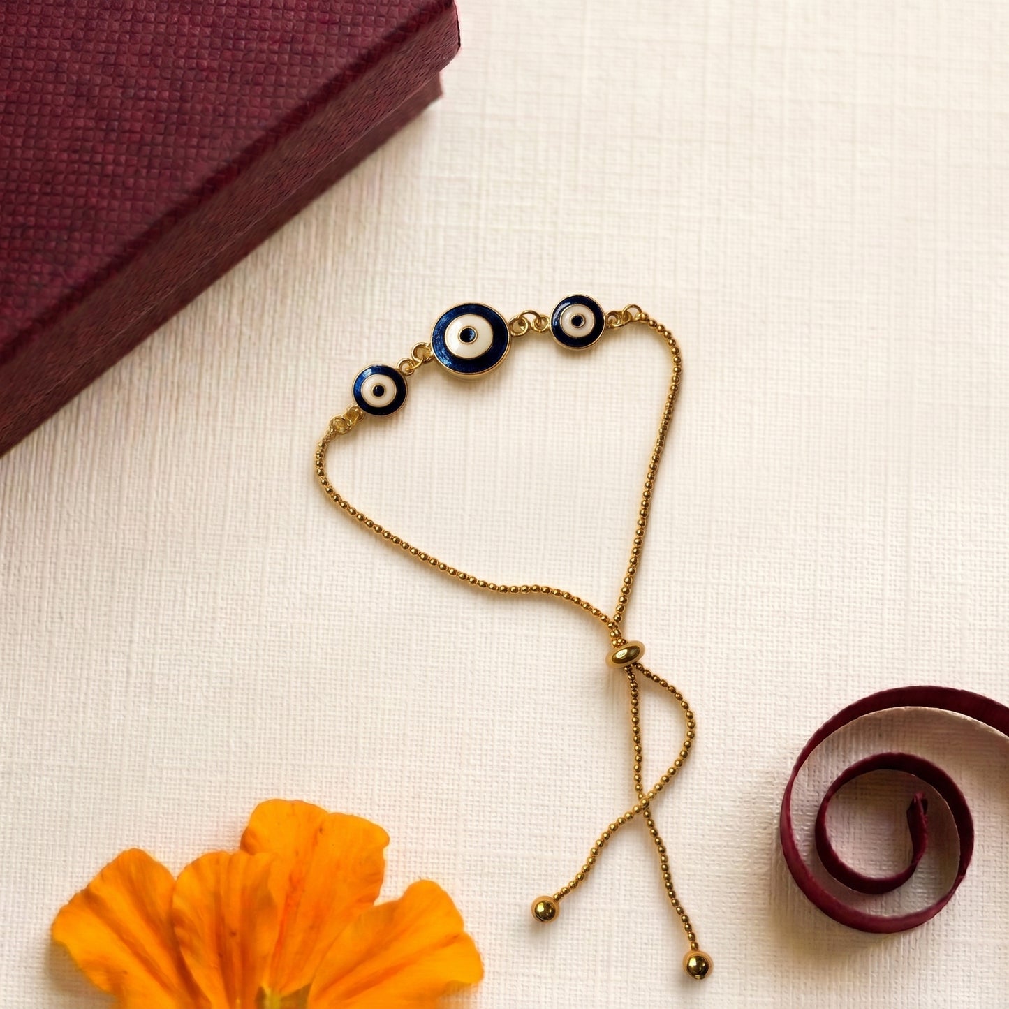 Adjustable Triple Evil Eye Gold Bracelet for Bhabhi
