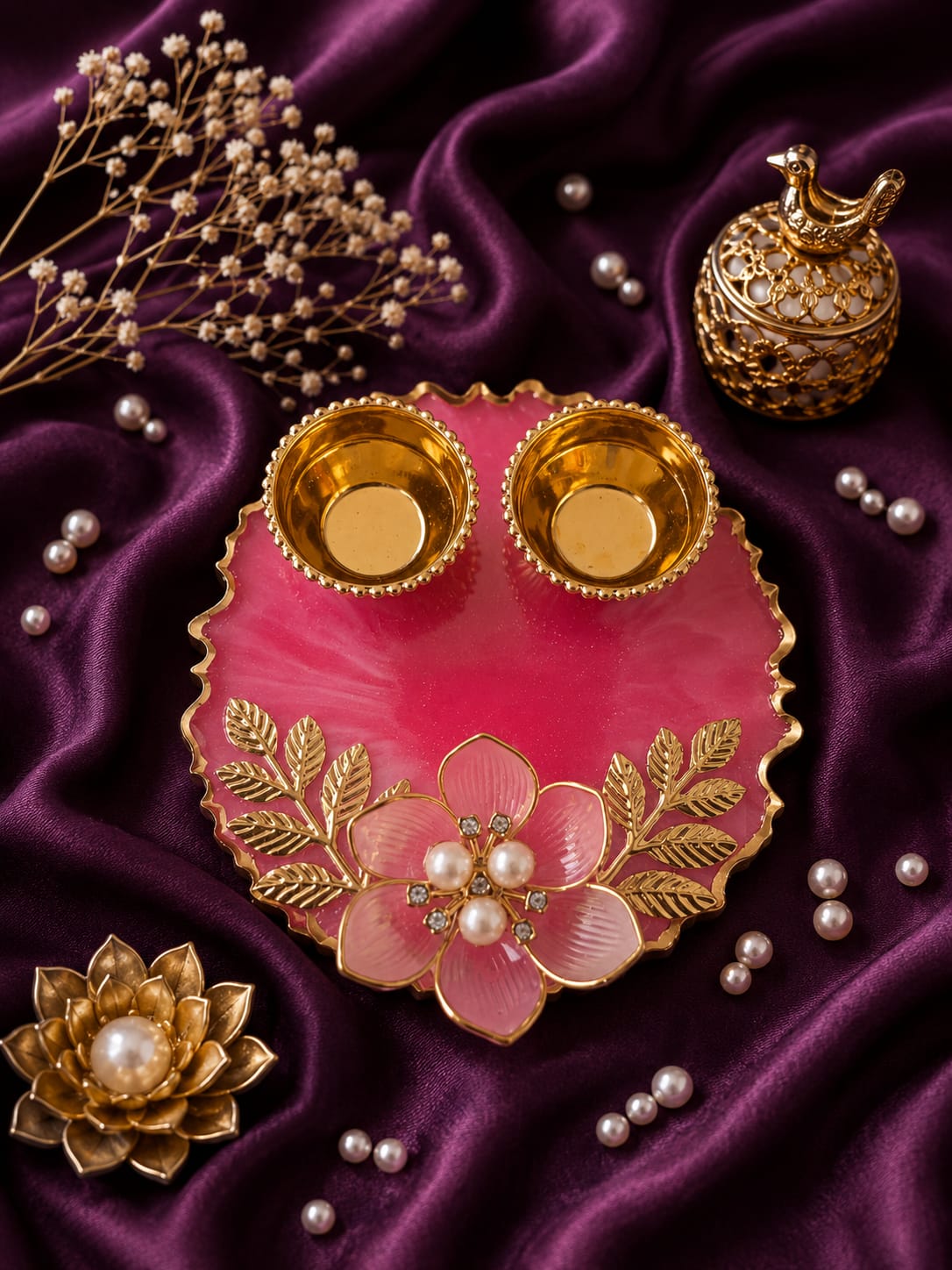 Handcrafted Decorative Pooja Thali with Pearl & Floral Design | 4 inch