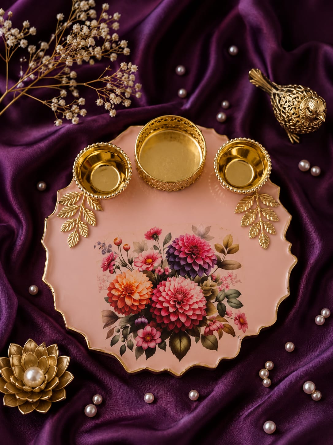 Handcrafted Decorative Pooja Thali with Pearl & Floral Design | 6 inch