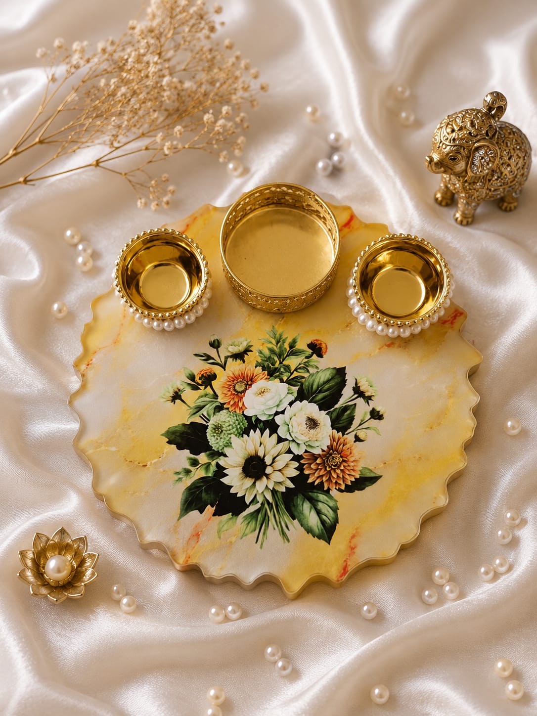 Handcrafted Decorative Pooja Thali with Pearl & Floral Design | 6 inch