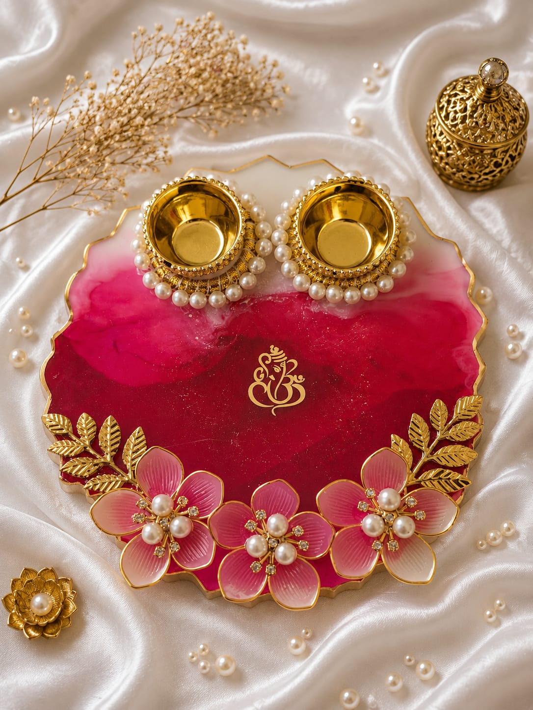 Handcrafted Decorative Pooja Thali with Pearl & Floral Design | 6 inch