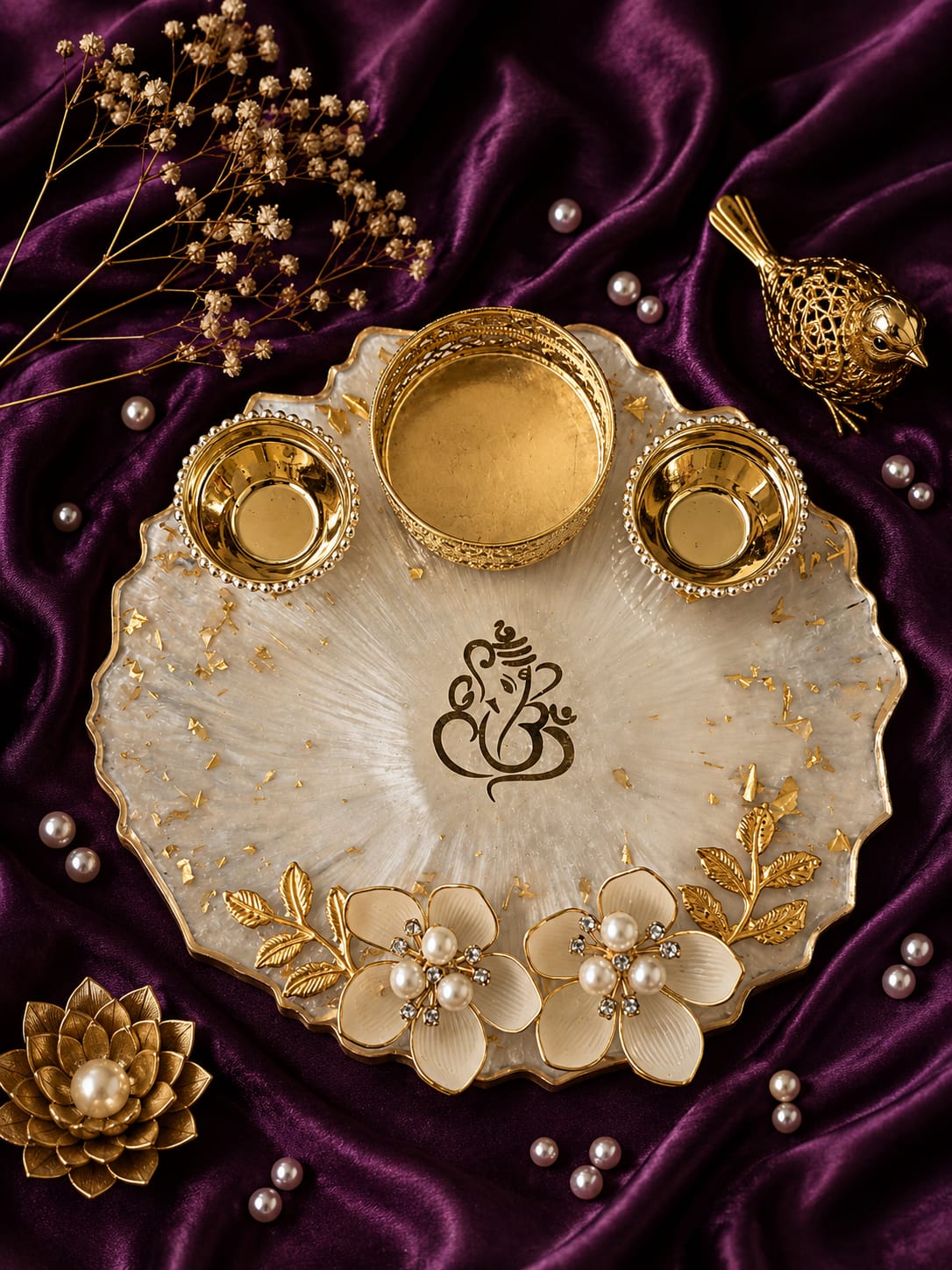 Handcrafted Decorative Pooja Thali with Pearl & Floral Design | 6 inch