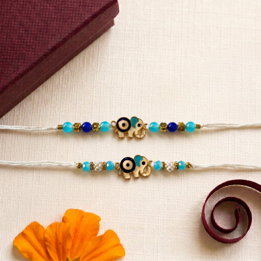 Adjustable Evil Eye Elephant Rakhi Collection – White Thread (Choose Your Design)