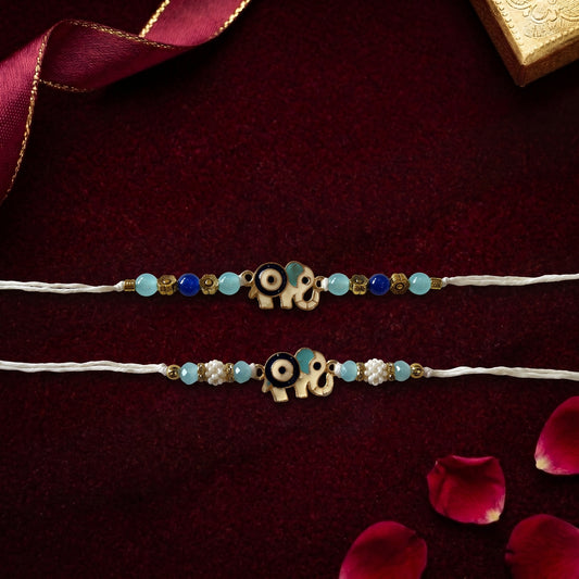 Adjustable Evil Eye Elephant Rakhi Collection – White Thread (Choose Your Design)