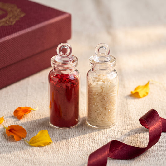 Mini Roli Chawal Glass Bottles Set for Rakhi, Pooja & Tilak (2 Pieces)