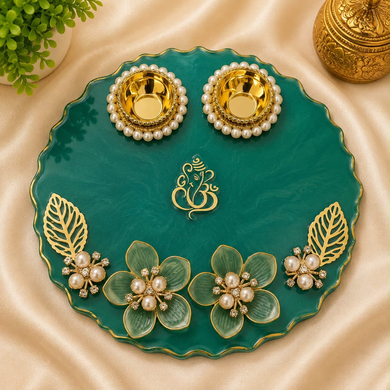 Handcrafted Decorative Pooja Thali with Pearl & Floral Design | 6 inch