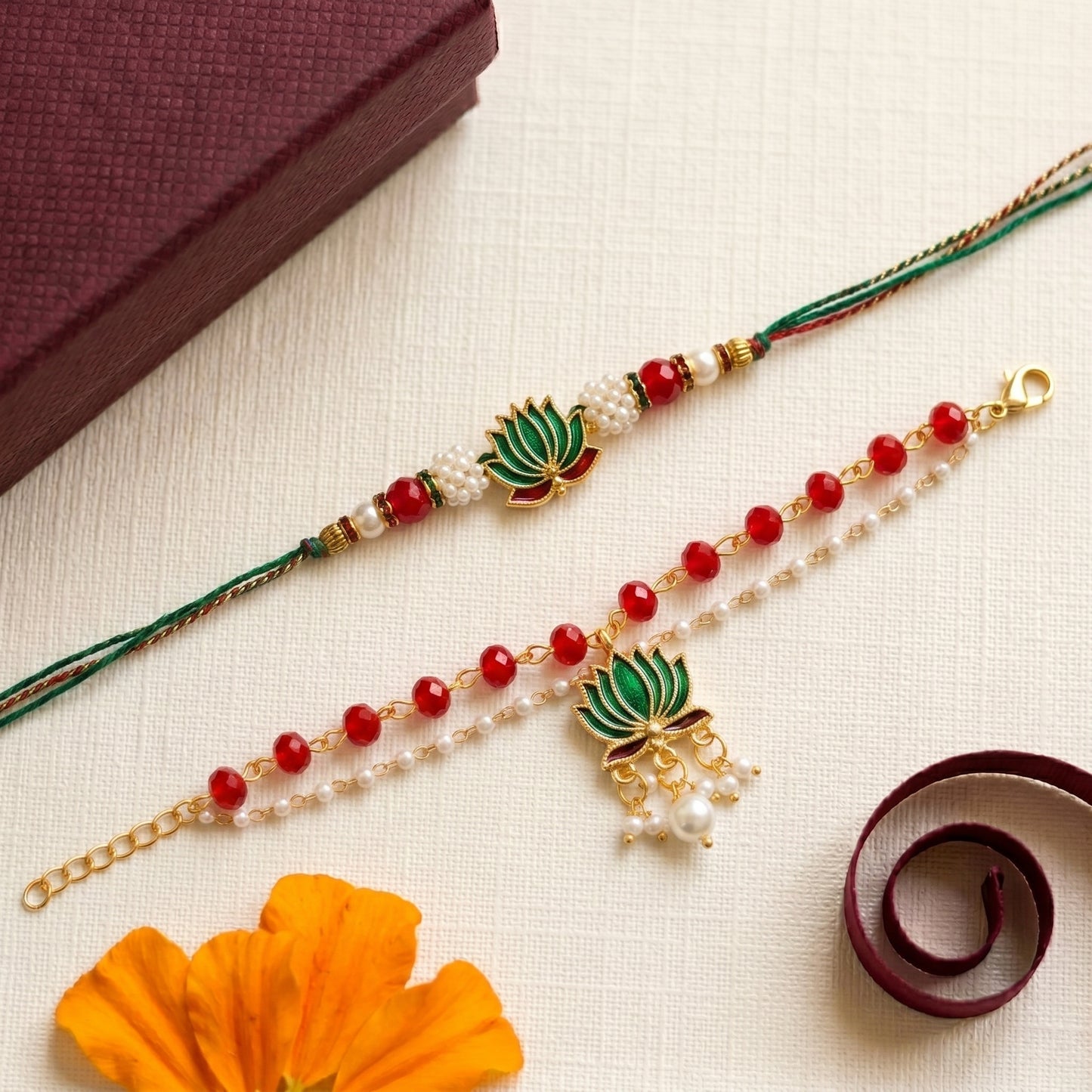 Emerald Lotus Bhai-Bhabhi Rakhi Set